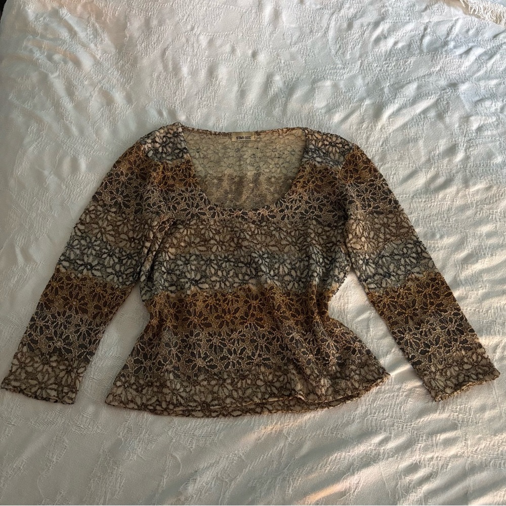 Star CCC Vintage Lace Tan 3/4 Sleeve Floral Scoop Neck Blouse Small